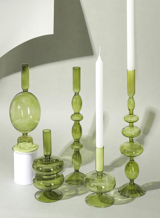 رتيري حامل شموع زجاجي من ريتيري، 5 قطع، حامل شموع زجاجي ملون، حامل شموع أنيق، حامل شموع بقاعدة شفافة بتصميم بوهيمي أنيق، مزهرية أنيقة لتزيين المنزل والحفلات (أخضر) - Image 4